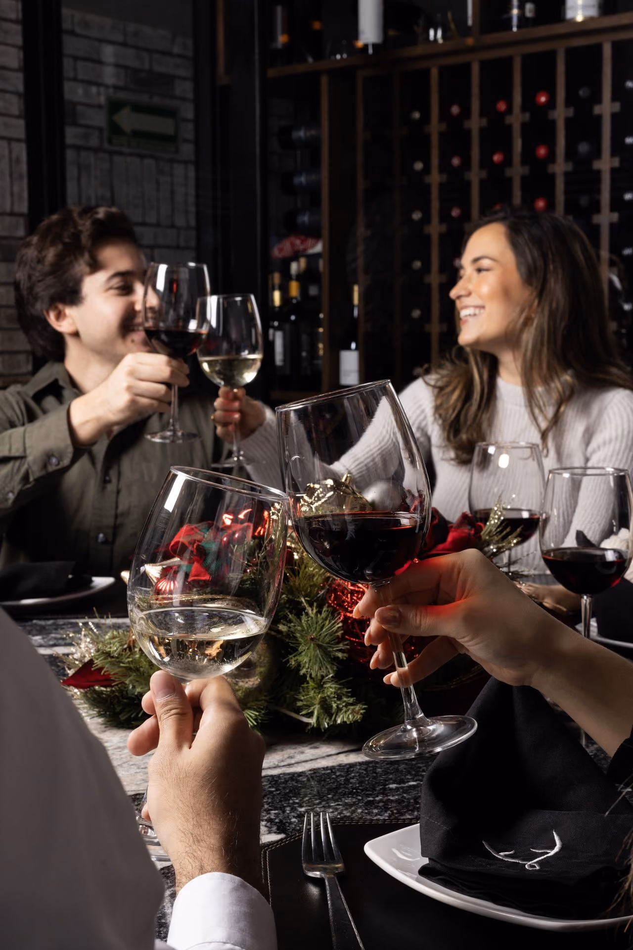Brindis de grupo con vino tinto