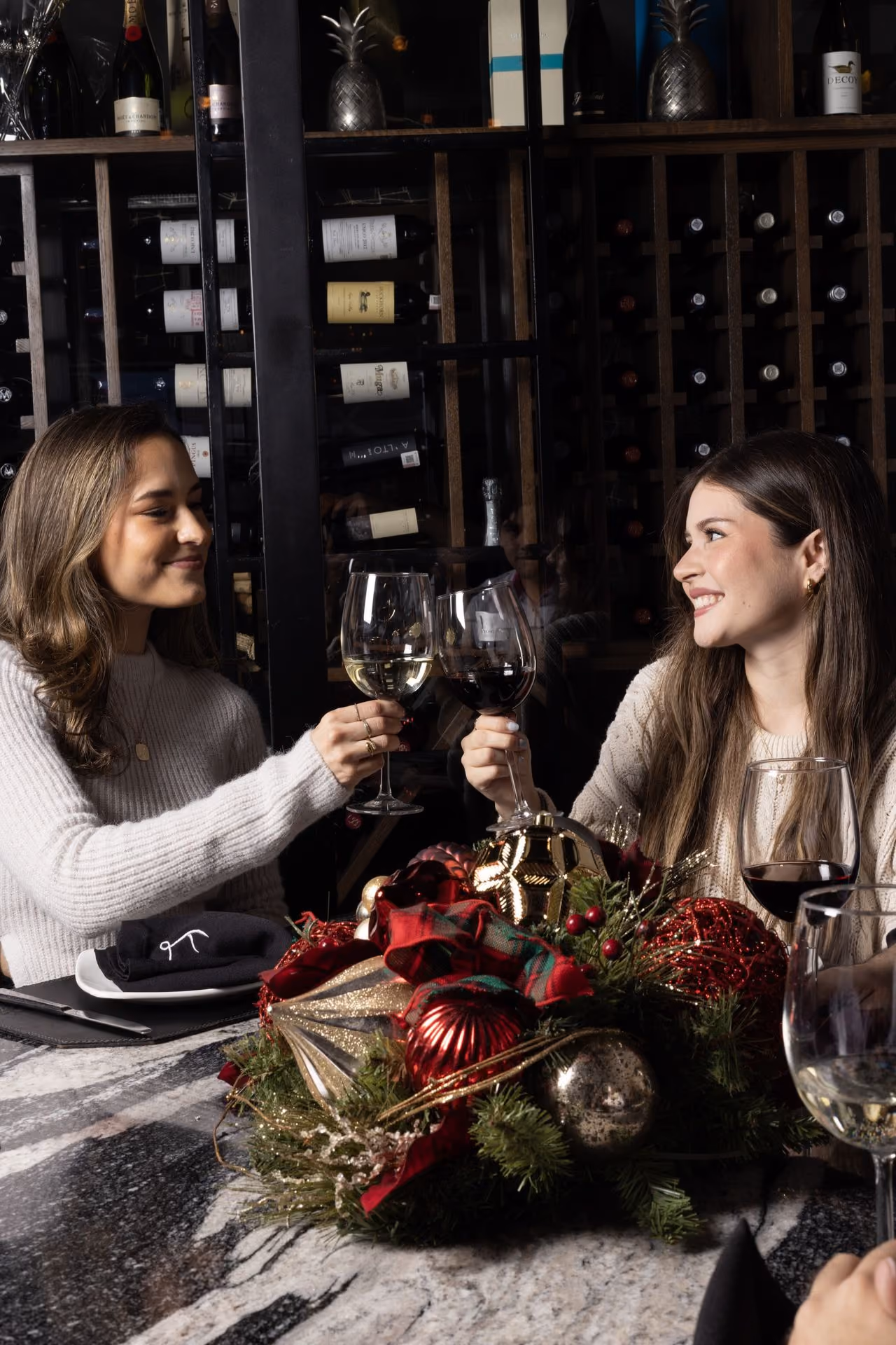 Dos amigas brindando junto a la cava de vinos